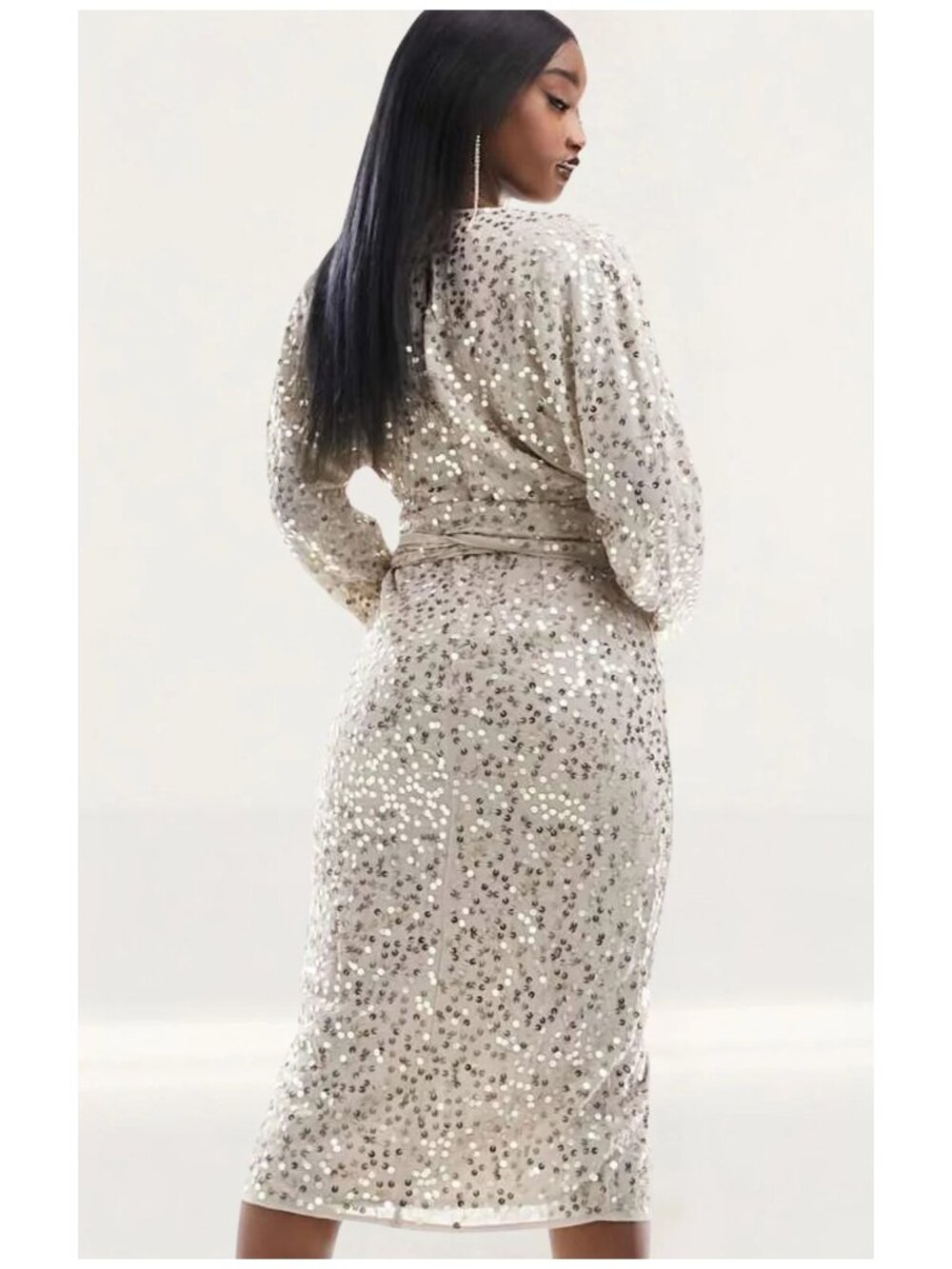 NWT ASOS DESIGN Sequin Batwing Sleeve Wrap Waist Midi Dress Beige 6 - Picture 4 of 6